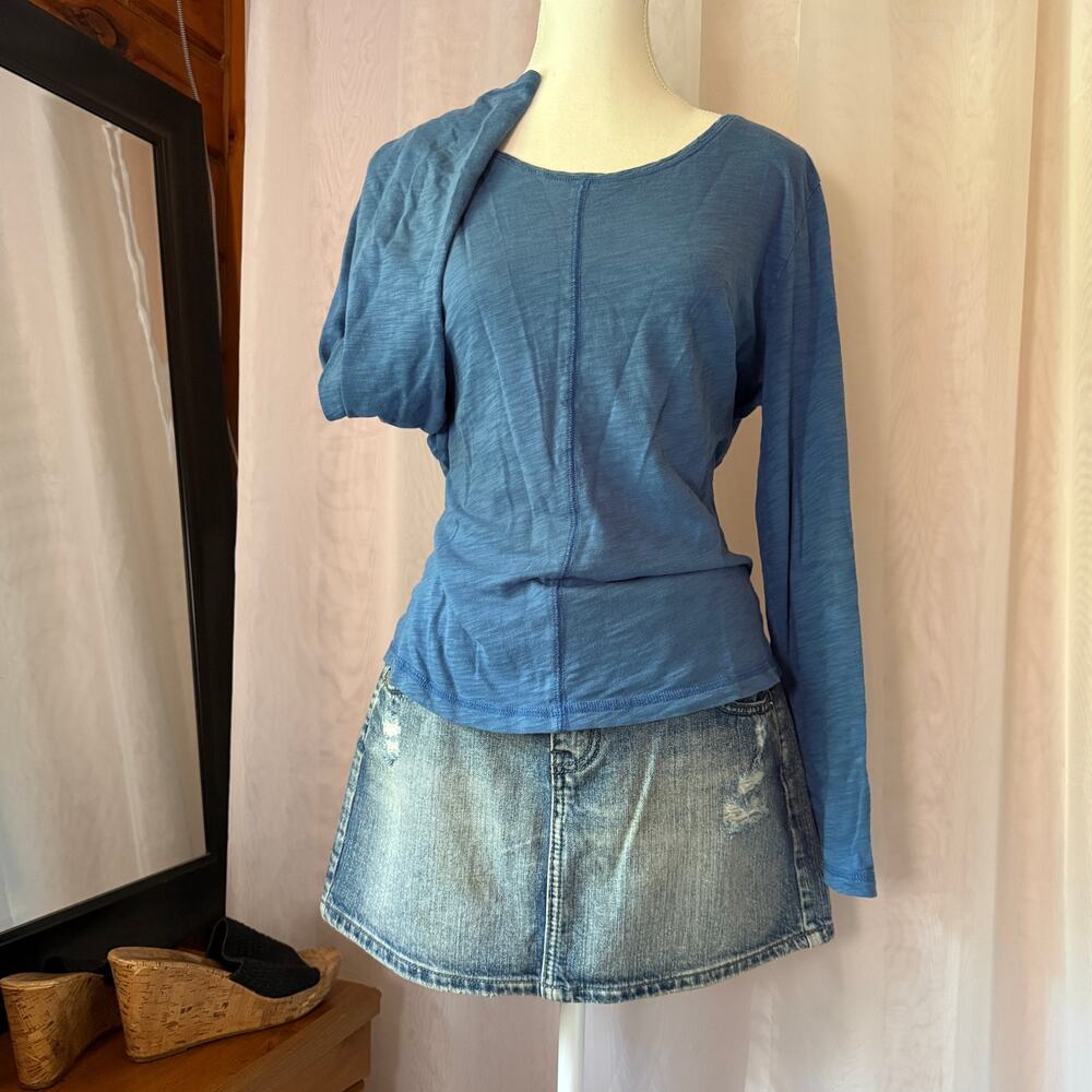 Habitat Blue 100% Cotton Slub Knit Long Sleeve Top Sz Large Artsy Casual Basic